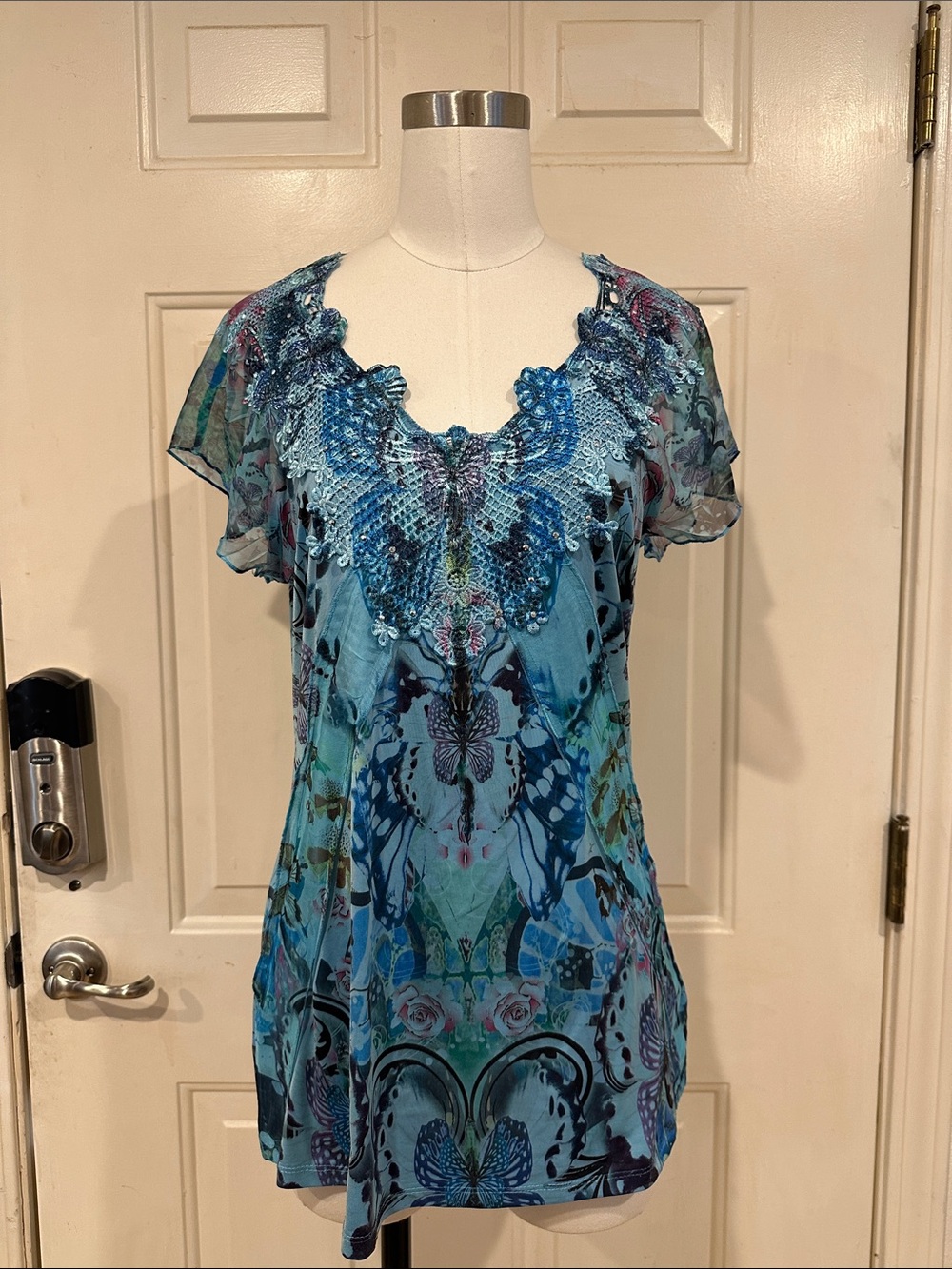 Y2K inspired Blue Floral Butterfly Embellished Women's Top